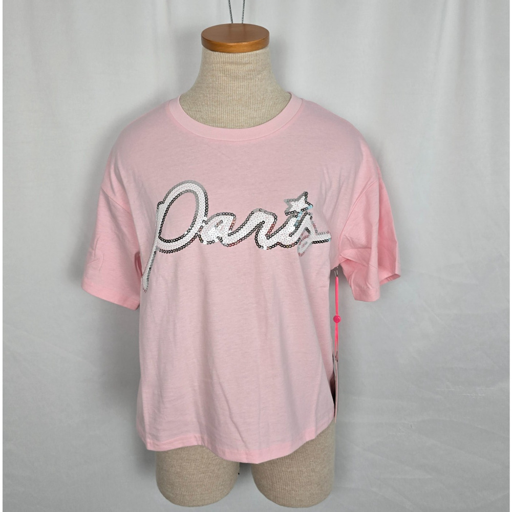 Paris Hilton Sequin Graphic Logo Crop T-Shirt Women's S Pink NWT
